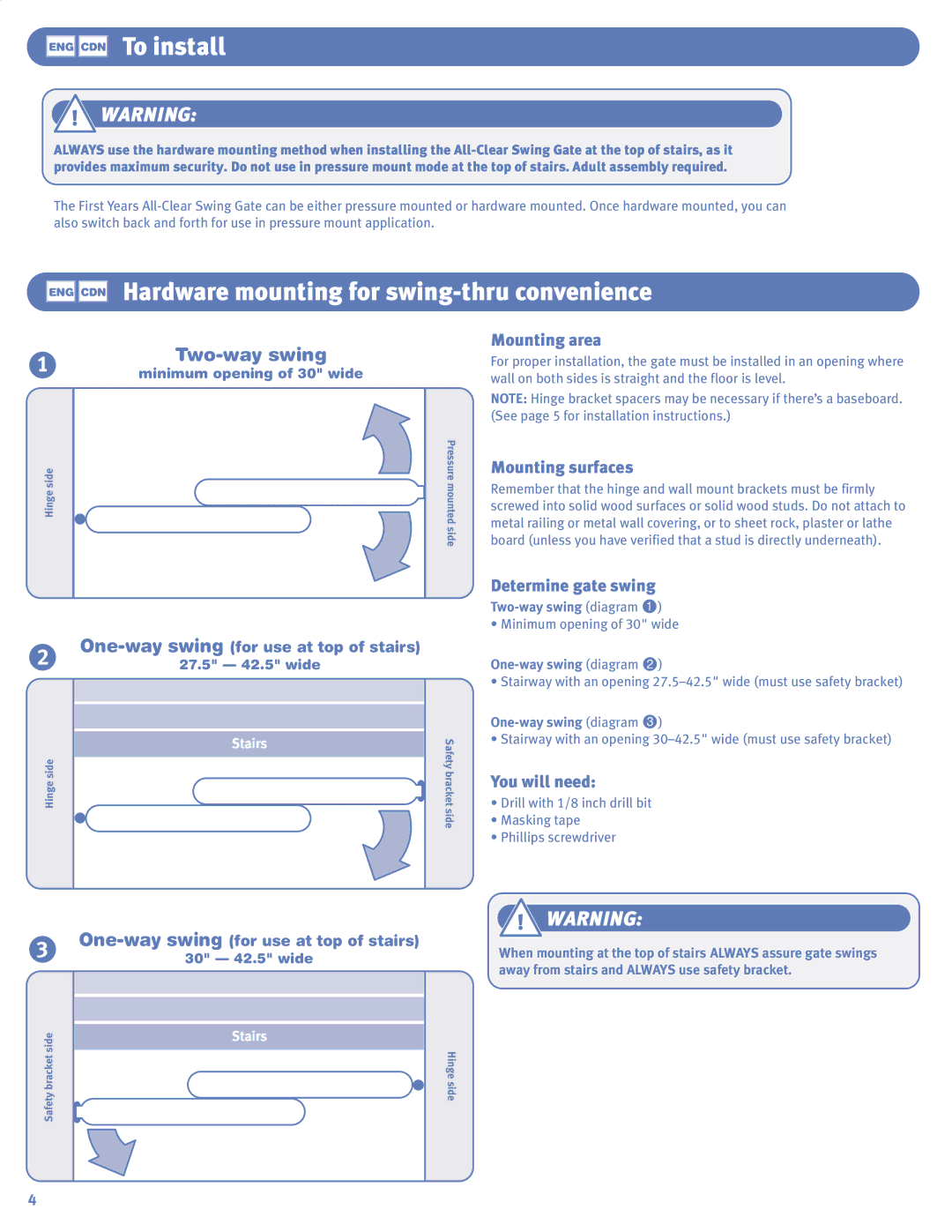 The First Years Swing Gate manual ENG CDN To install, Hardware mounting for swing-thru convenience, Two-way swing 