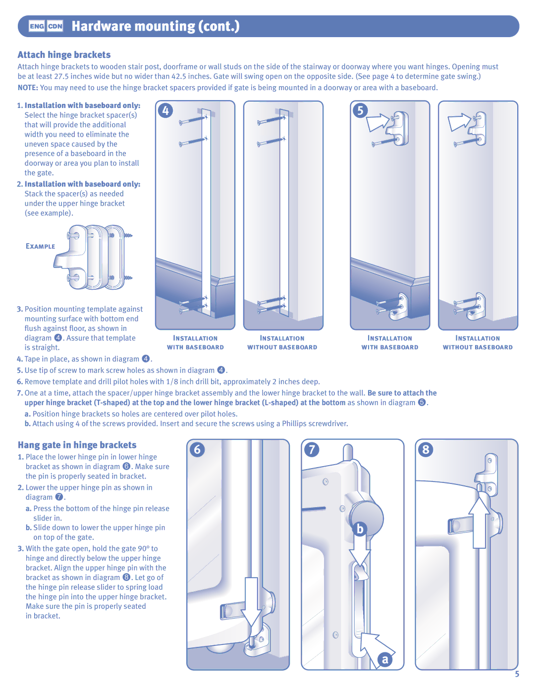 The First Years Swing Gate manual ENG CDN Hardware mounting, Attach hinge brackets, Hang gate in hinge brackets 