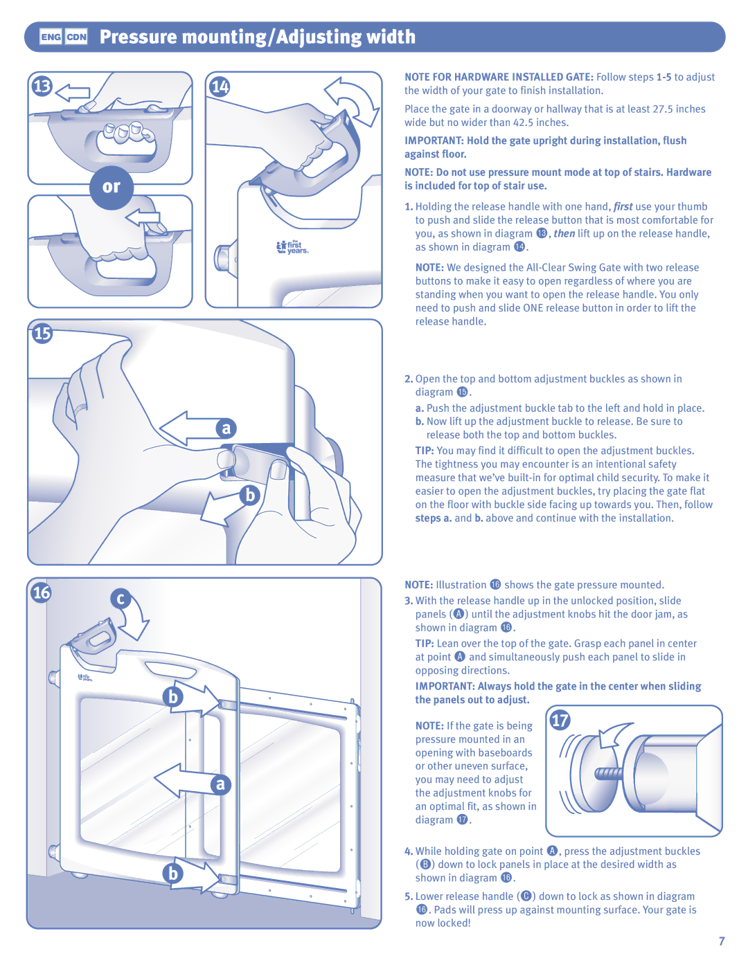 The First Years Swing Gate manual Pressure mounting/Adjusting width, Panels out to adjust 