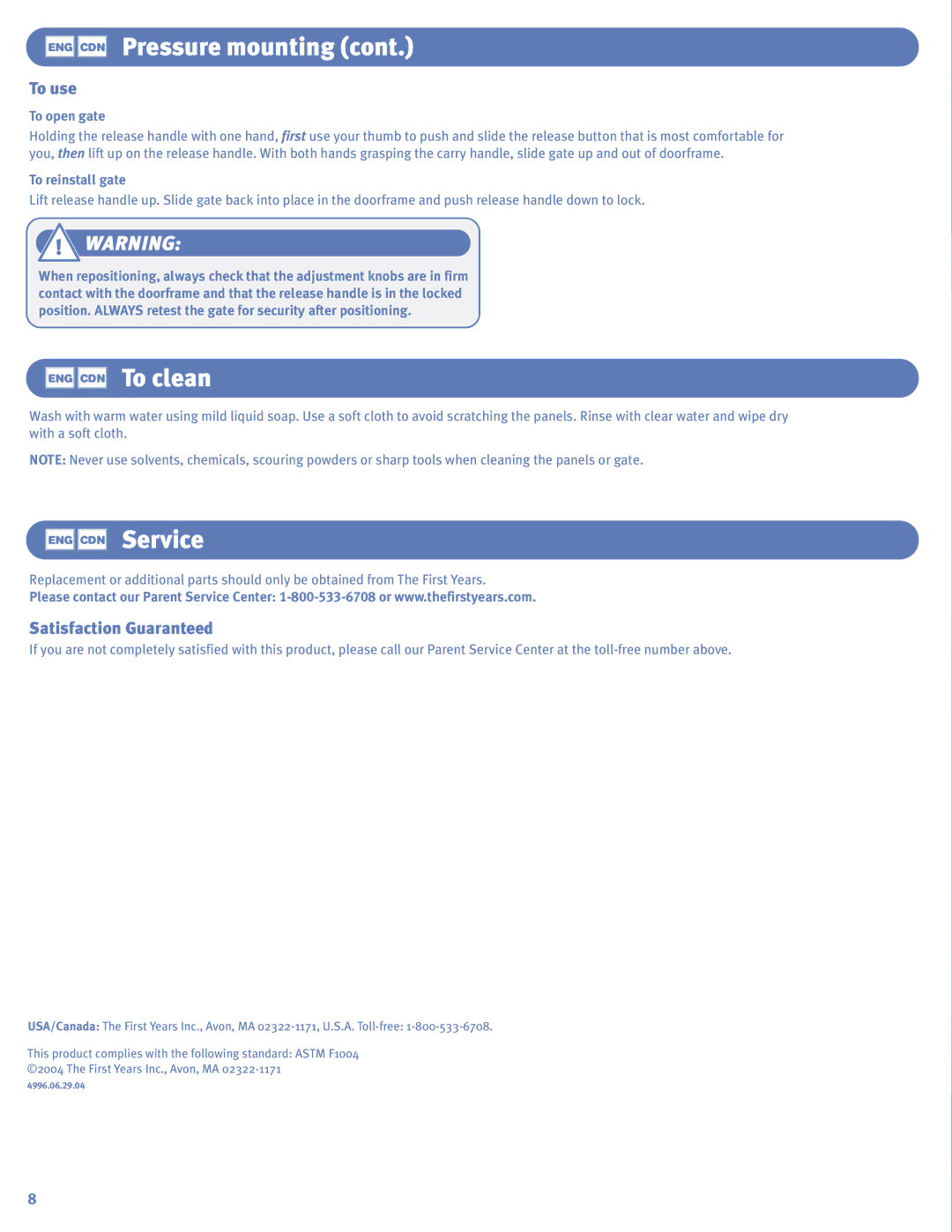 The First Years Swing Gate manual ENG CDN Pressure mounting, ENG CDN To clean, ENG CDN Service, Satisfaction Guaranteed 