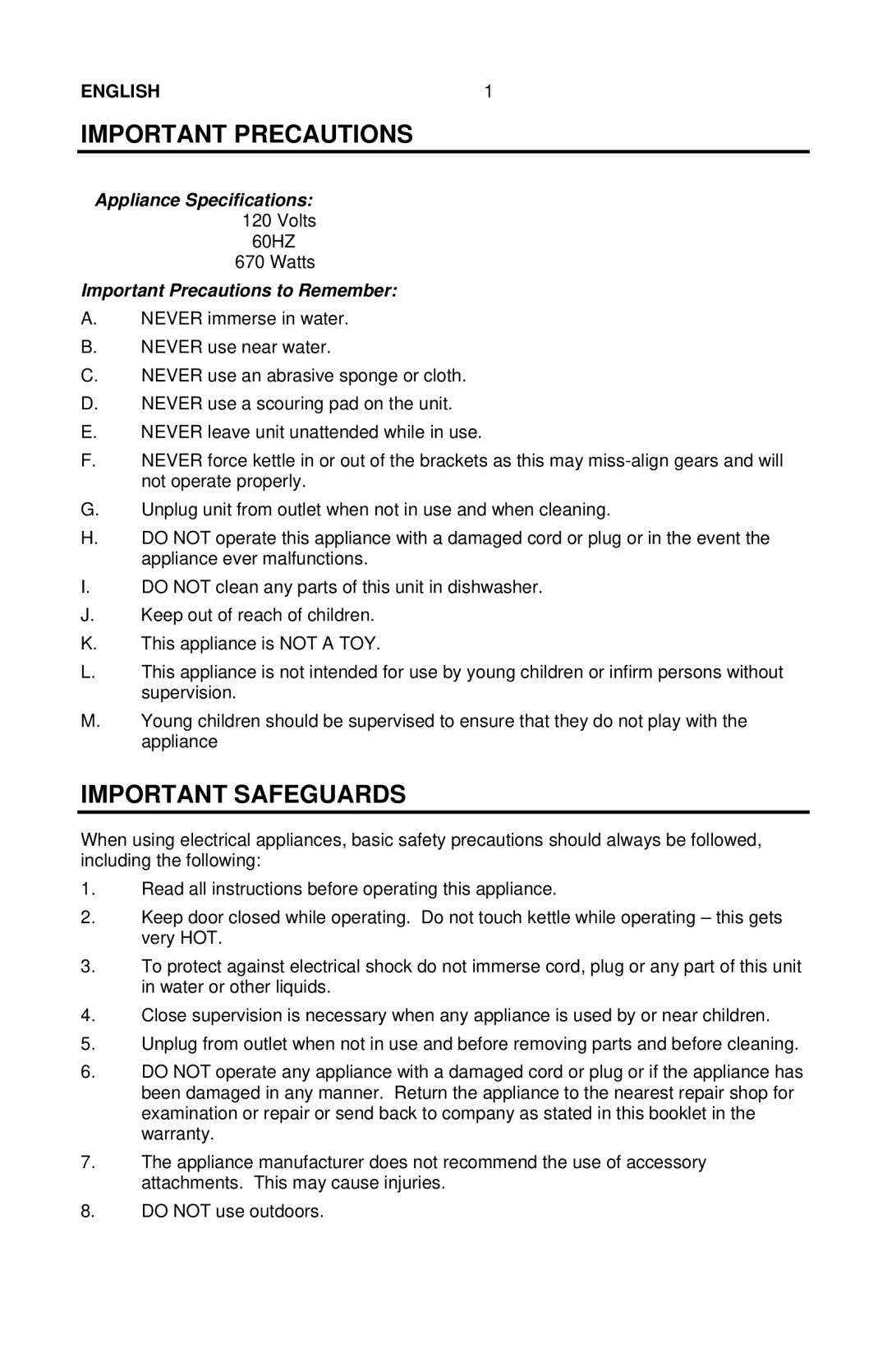 The Helman Group C C P - 5 1 0, C C P - 5 1 5 manual Important Precautions, Important Safeguards, Appliance Specifications 