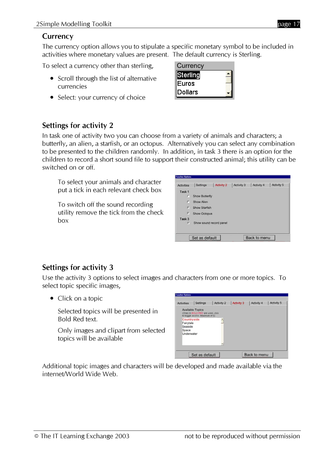 The Learning Company MOD_UG_2.0.0_005 manual Currency, Settings for activity 