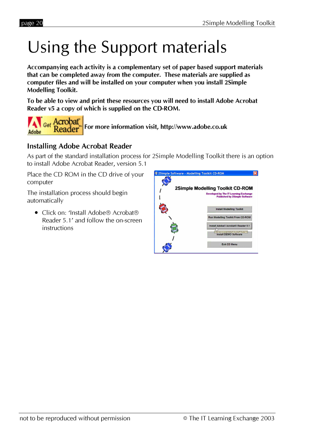 The Learning Company MOD_UG_2.0.0_005 manual Using the Support materials, Installing Adobe Acrobat Reader 