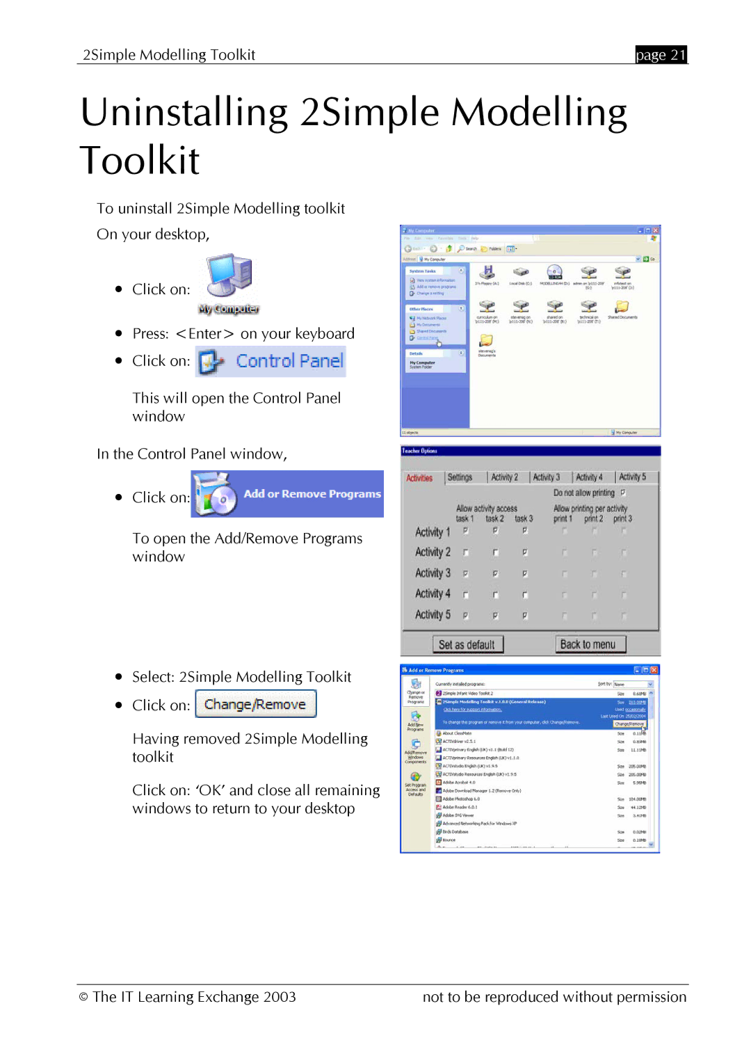 The Learning Company MOD_UG_2.0.0_005 manual Uninstalling 2Simple Modelling Toolkit 