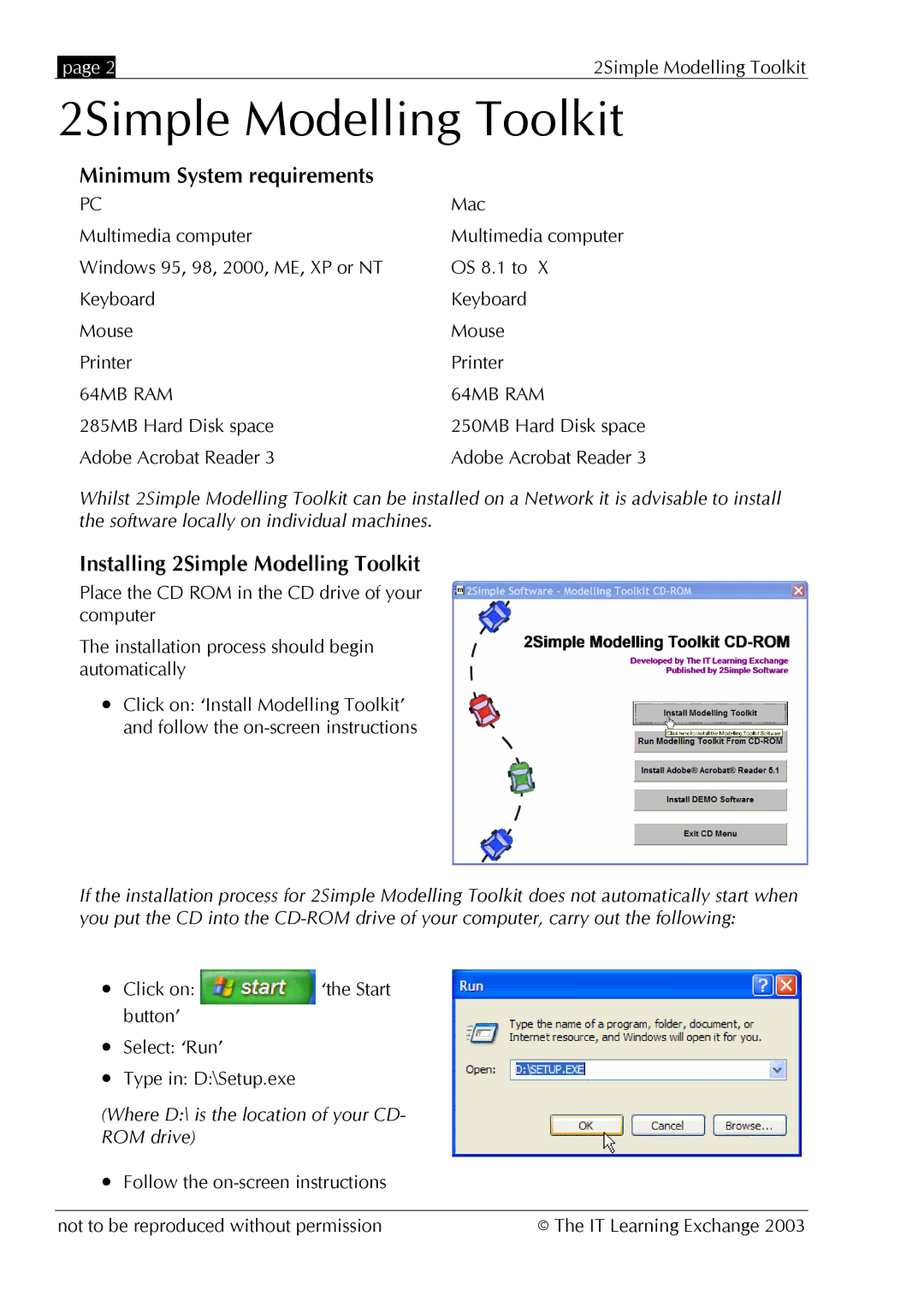 The Learning Company MOD_UG_2.0.0_005 manual Minimum System requirements, Installing 2Simple Modelling Toolkit 