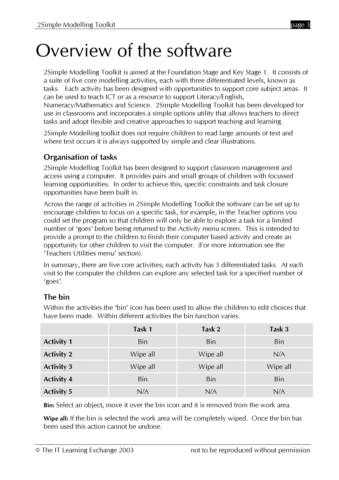 The Learning Company MOD_UG_2.0.0_005 manual Overview of the software, Organisation of tasks, Bin 