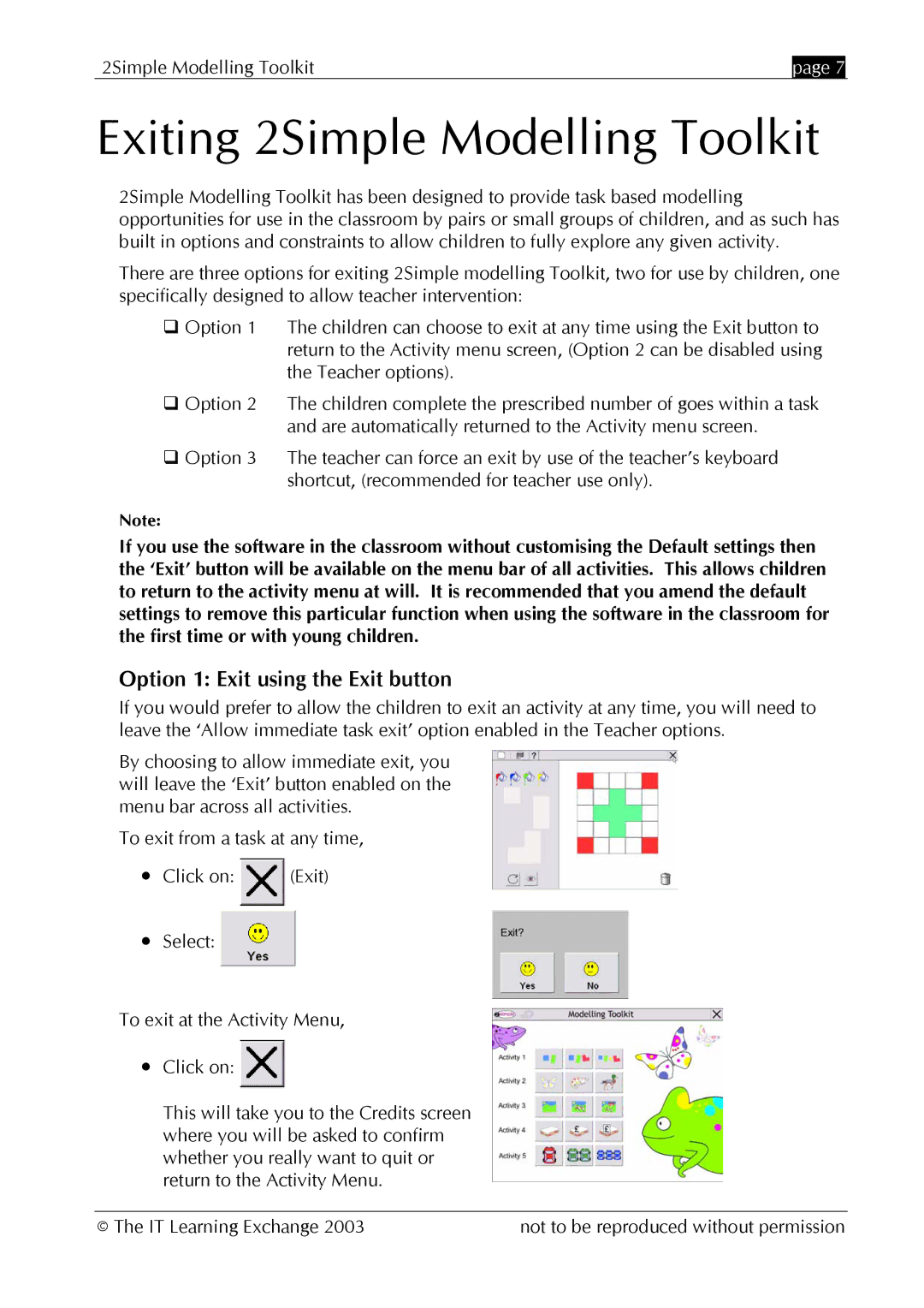 The Learning Company MOD_UG_2.0.0_005 manual Exiting 2Simple Modelling Toolkit, Option 1 Exit using the Exit button 