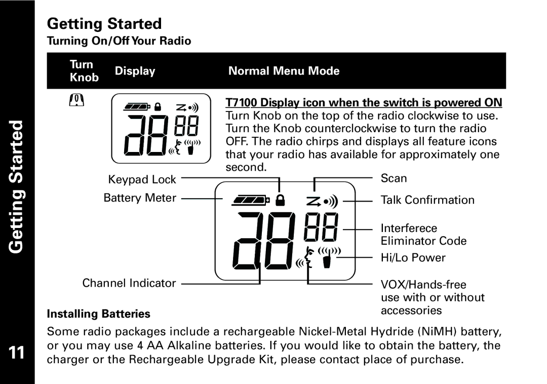 The Lenbrook Group T7150, T7100 manual Getting Started, Turning On/Off Your Radio, Installing Batteries 