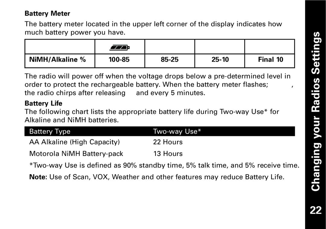 The Lenbrook Group T7100, T7150 Changing your Radios Settings, Battery Meter, NiMH/Alkaline % 100-85 85-25 25-10 Final 