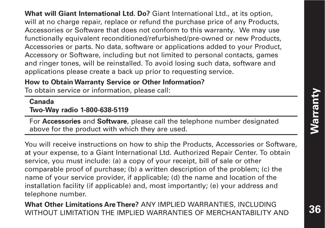 The Lenbrook Group T7100, T7150 manual How to Obtain Warranty Service or Other Information?, Canada Two-Way radio 