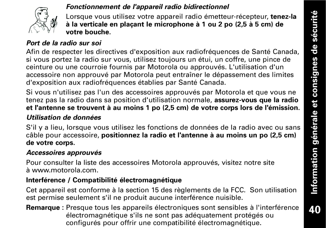 The Lenbrook Group T7100 Fonctionnement de lappareil radio bidirectionnel, Port de la radio sur soi, Accessoires approuvés 