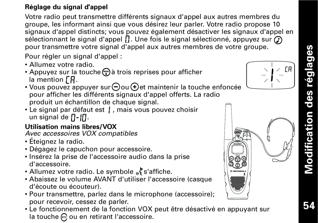 The Lenbrook Group T7100, T7150 manual Réglage du signal dappel, Utilisation mains libres/VOX 