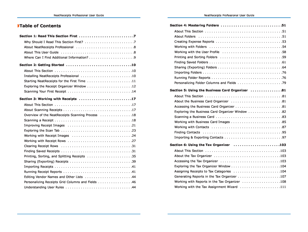 The Neat Company 315 Table of Contents, Read This Section First, Getting Started, Working with Receipts, Mastering Folders 