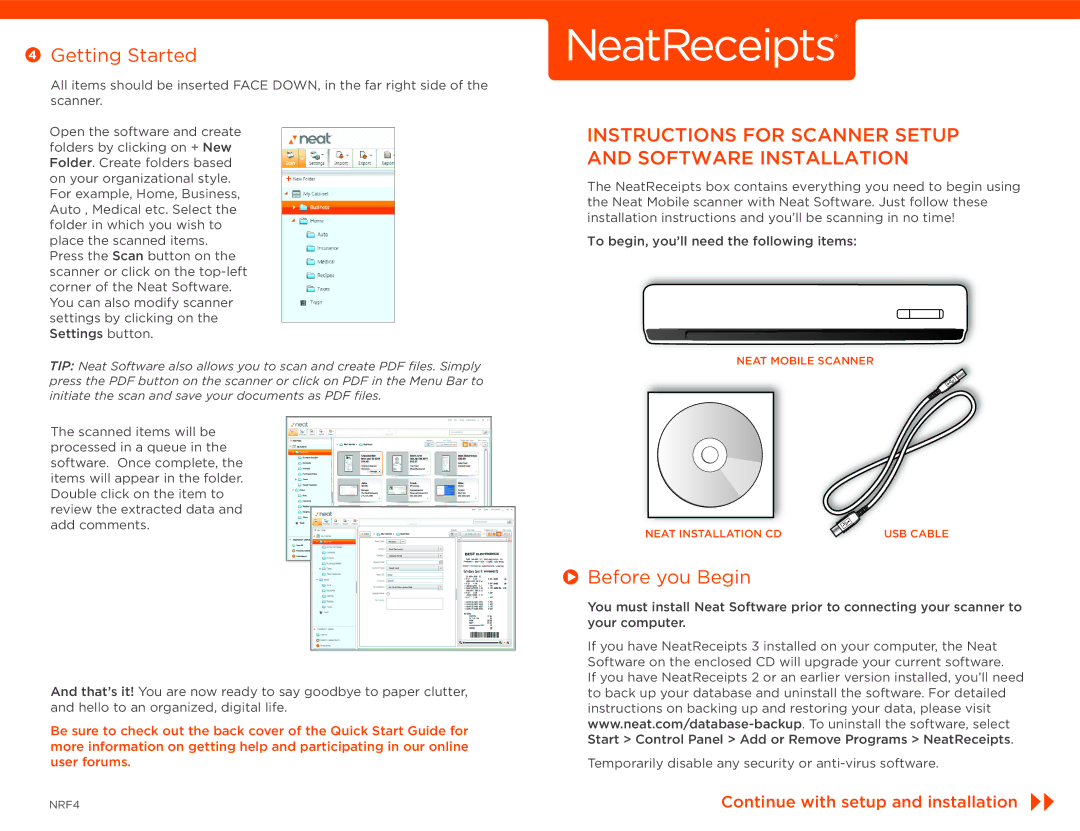 The Neat Company 322 installation instructions Getting Started, Instructions for Scanner Setup and Software Installation 