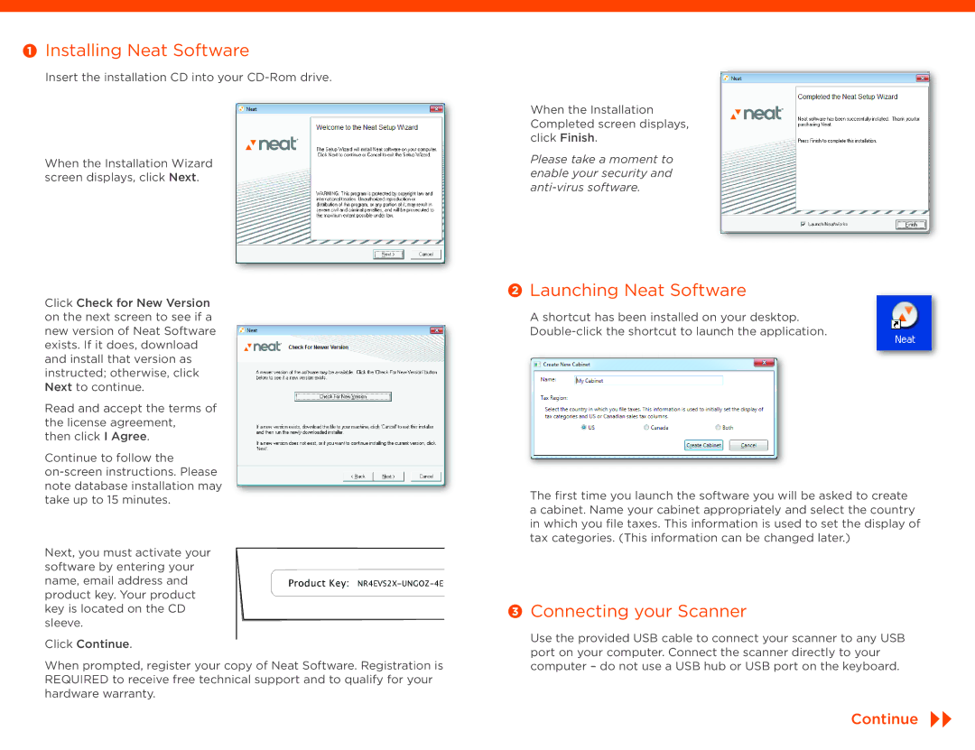 The Neat Company 322 installation instructions Installing Neat Software, Launching Neat Software, Connecting your Scanner 