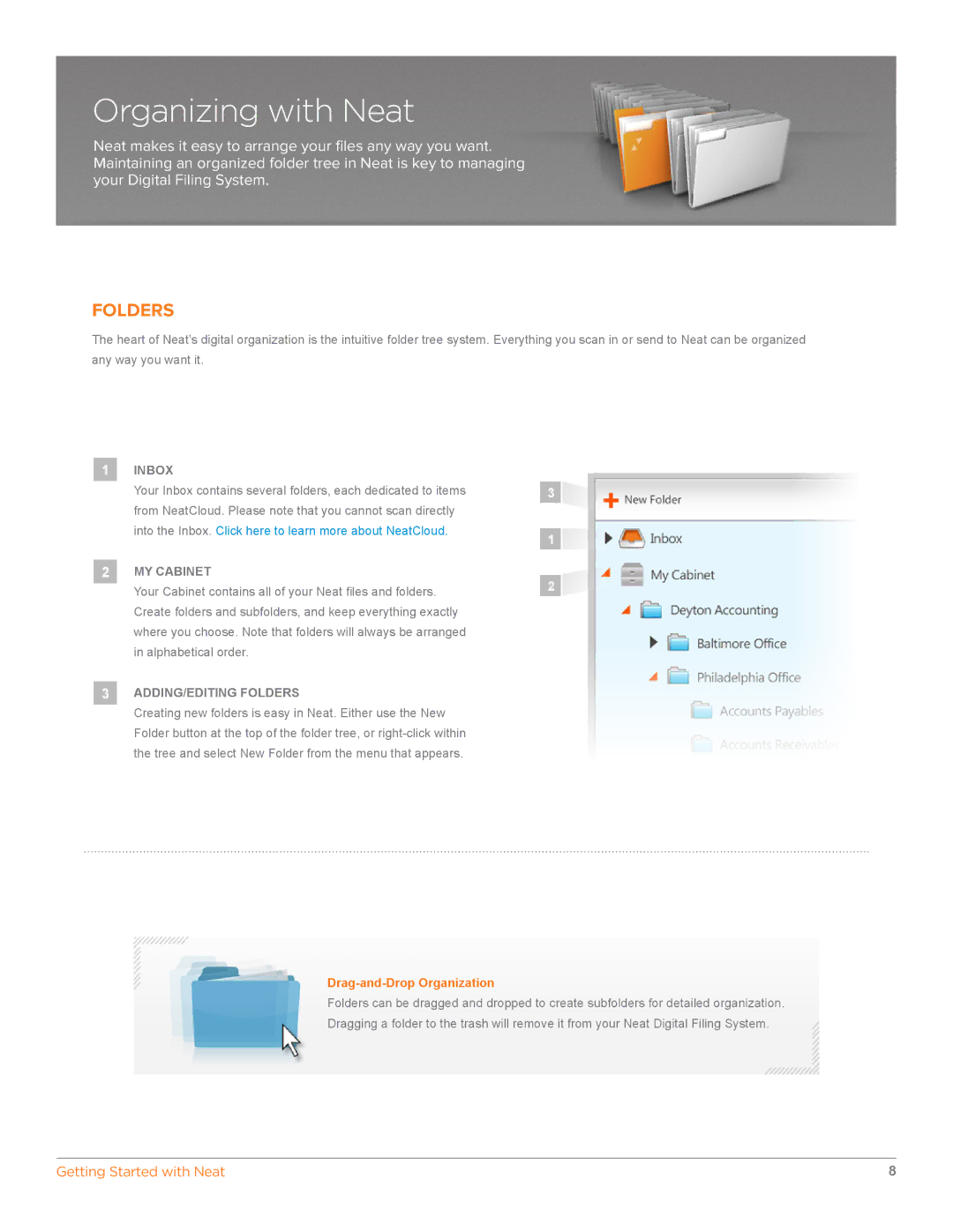 The Neat Company 3325, 698, 322 manual Organizing with Neat, Folders, Drag-and-Drop Organization 