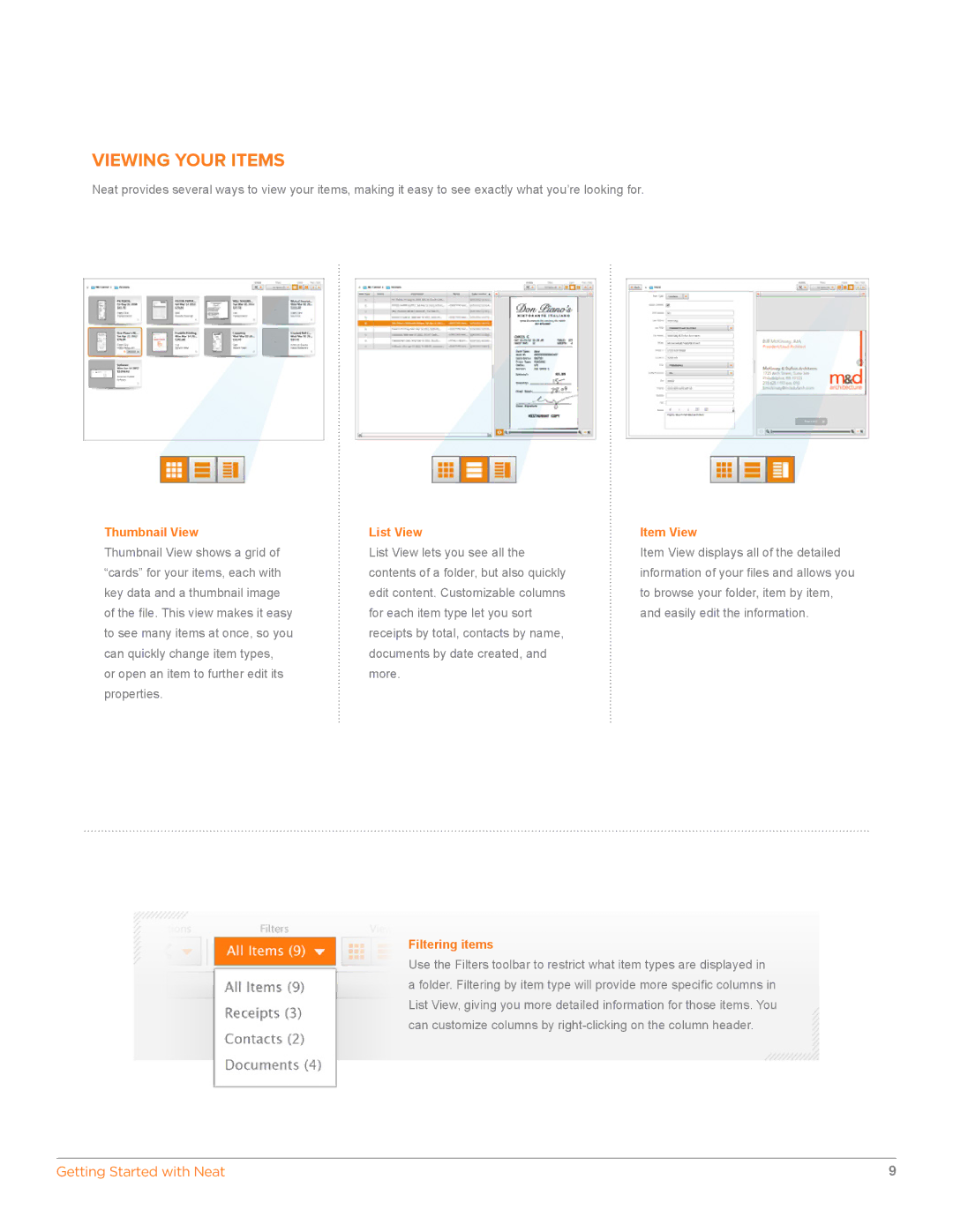 The Neat Company 698, 322, 3325 manual Viewing Your Items, Thumbnail View, List View, Item View, Filtering items 