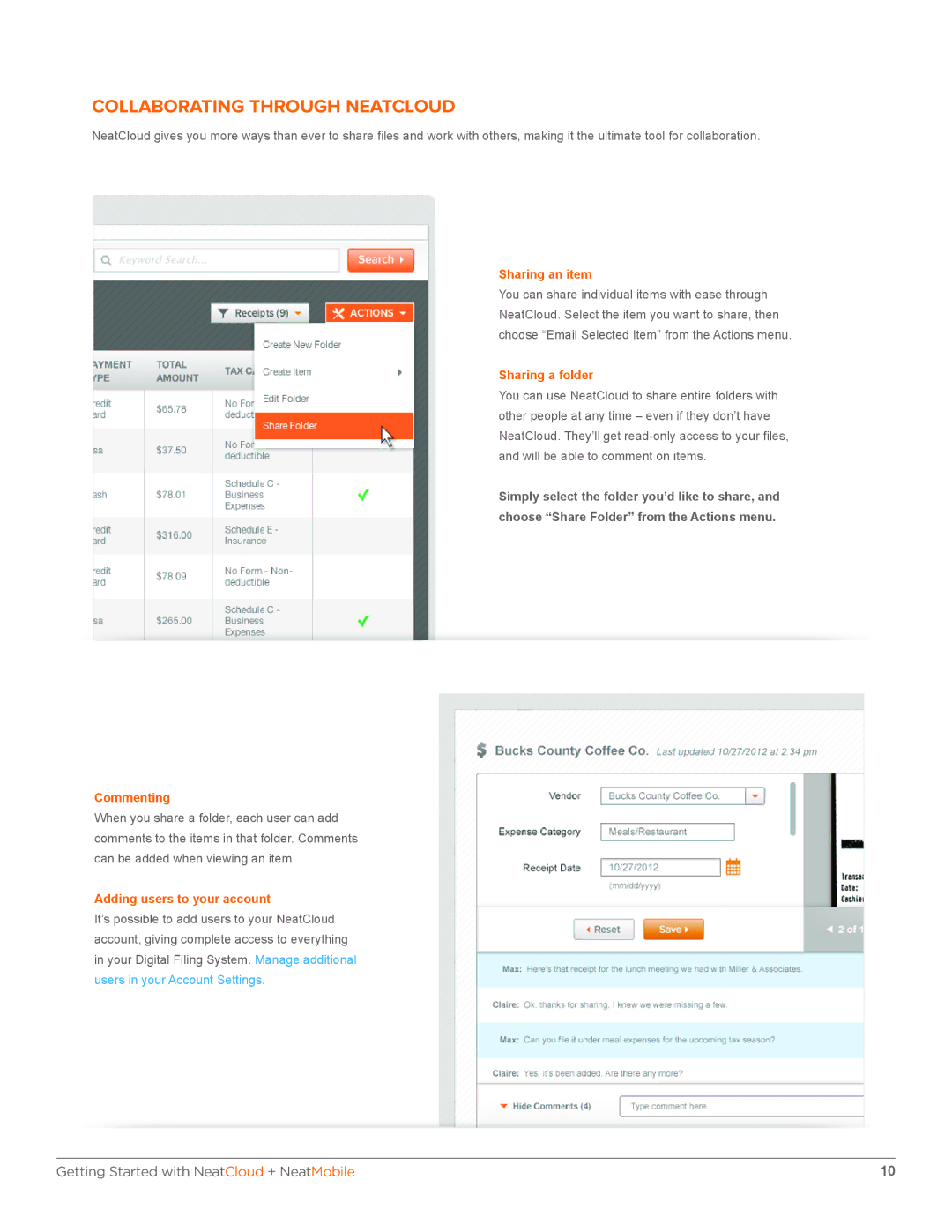 The Neat Company 322, 698, 346 Collaborating Through Neatcloud, Commenting, Adding users to your account, Sharing an item 