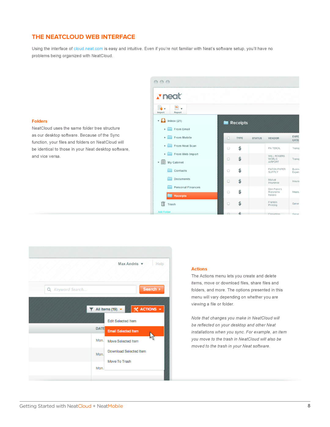 The Neat Company 698, 346, 322, 315 manual Neatcloud WEB Interface, Folders, Actions 