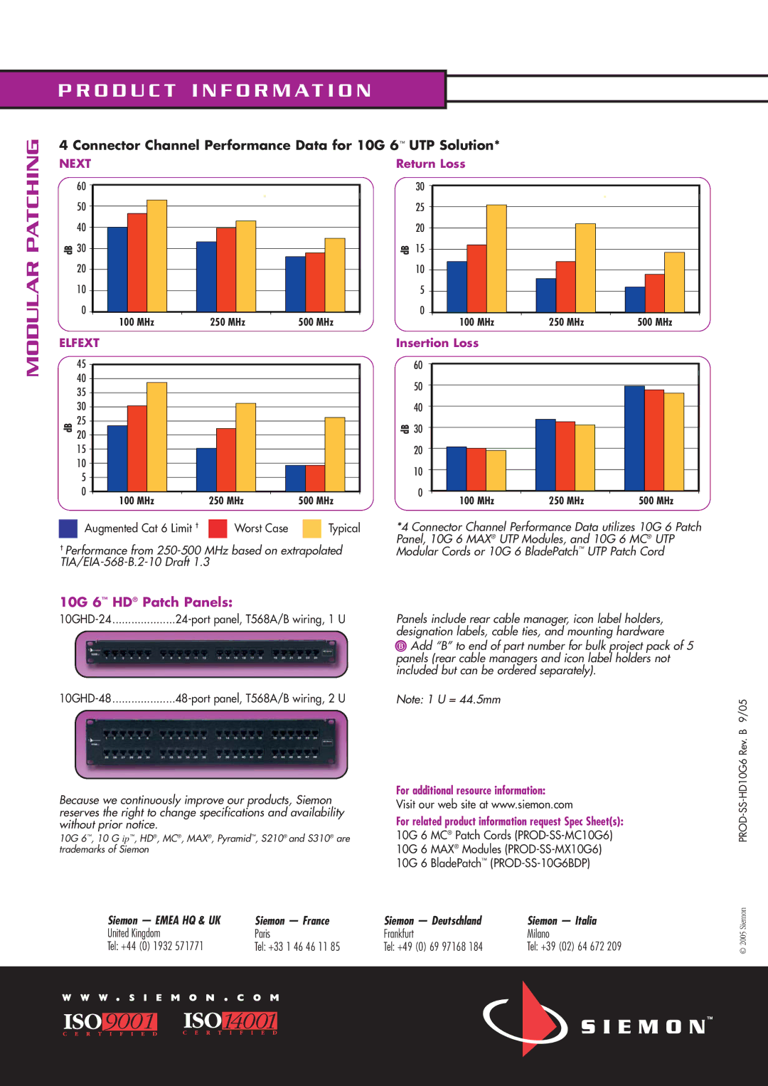 The Siemon Company 10G 6 manual O D U C T I N F O R M a T I O N, Patching, Connector Channel Performance Data for 10G 