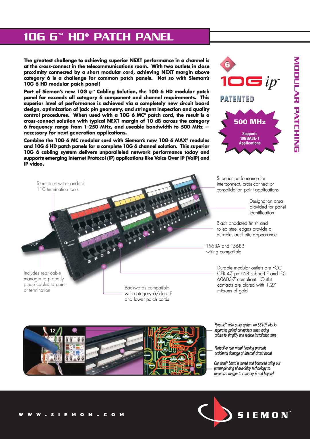 The Siemon Company manual 10G 6 HD PATCH PANEL, Modular Patching, 500 MHz, W W W . S I E M O N . C O M 