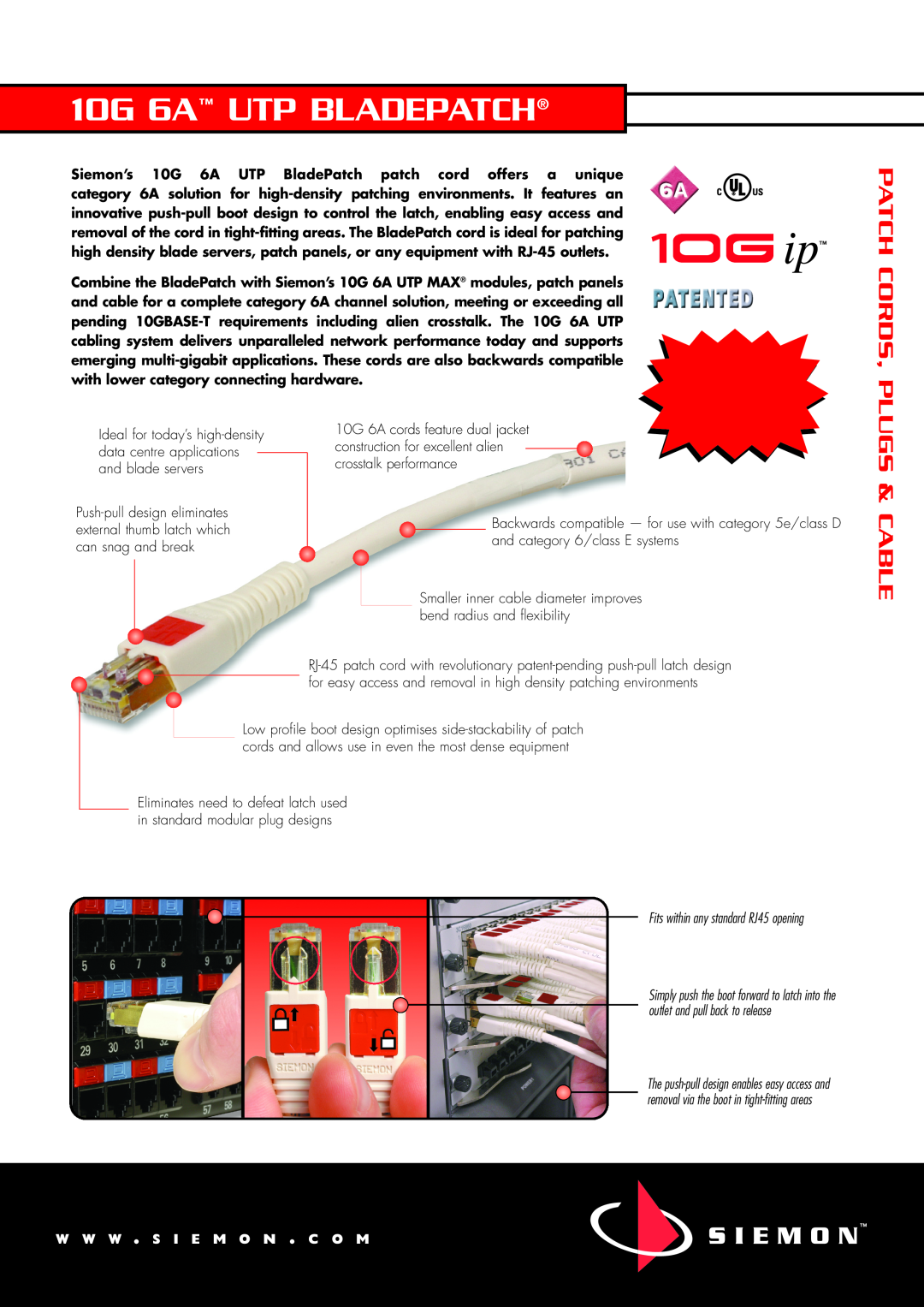 The Siemon Company manual Fits within any standard RJ45 opening, 10G 6A UTP BLADEPATCH, Patch Cords, Plugs & Cable 