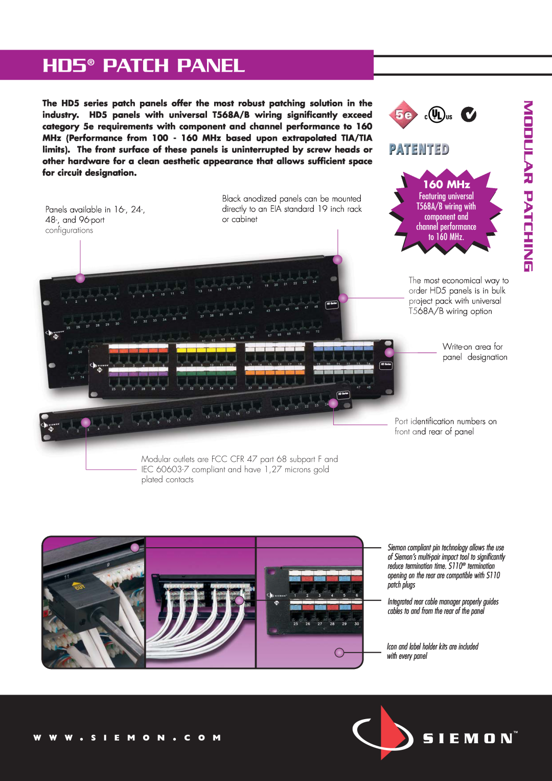 The Siemon Company manual Modular Patching, HD5 PATCH PANEL, MHz Featuring universal T568A/B wiring with component and 