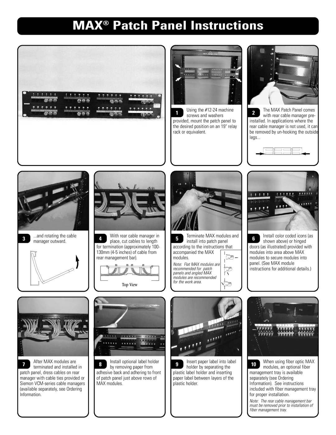 The Siemon Company MAX Patch Panel manual Manager outward, With rear cable manager, Using the #12-24 machine, Modules 