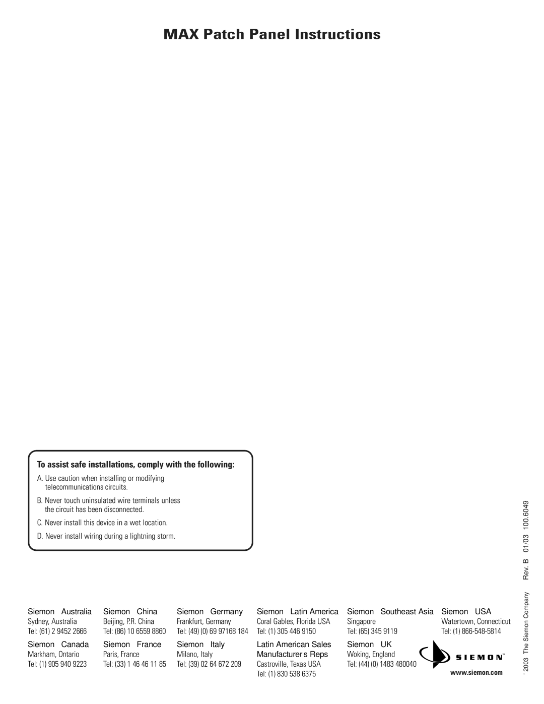 The Siemon Company MAX Patch Panel manual Siemon Australia Siemon China Siemon Germany, Siemon USA, Manufacturer’s Reps 