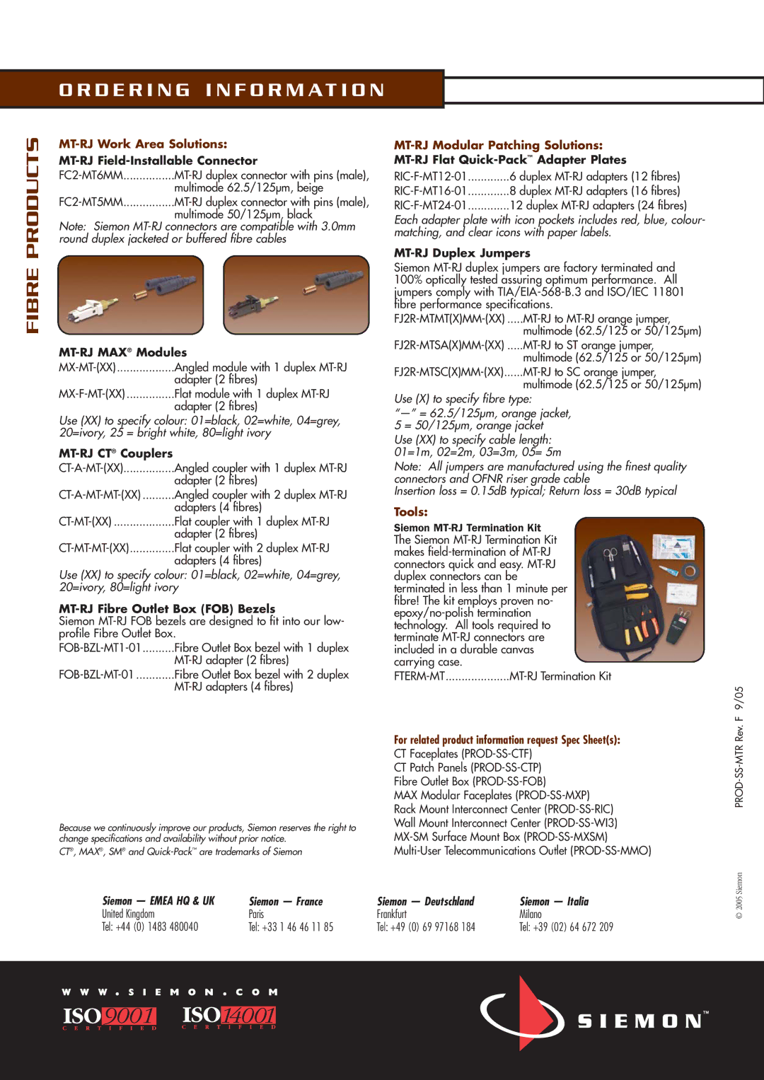 The Siemon Company manual MT-RJ Field-Installable Connector, MT-RJ MAX Modules, MT-RJ CT Couplers, MT-RJ Duplex Jumpers 