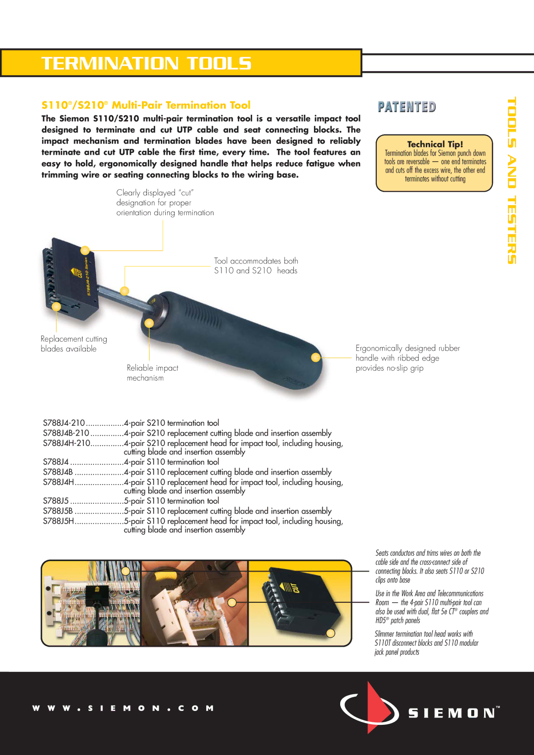 The Siemon Company manual Tool accommodates both S110 and S210 heads, Replacement cutting, Pair S210 termination tool 