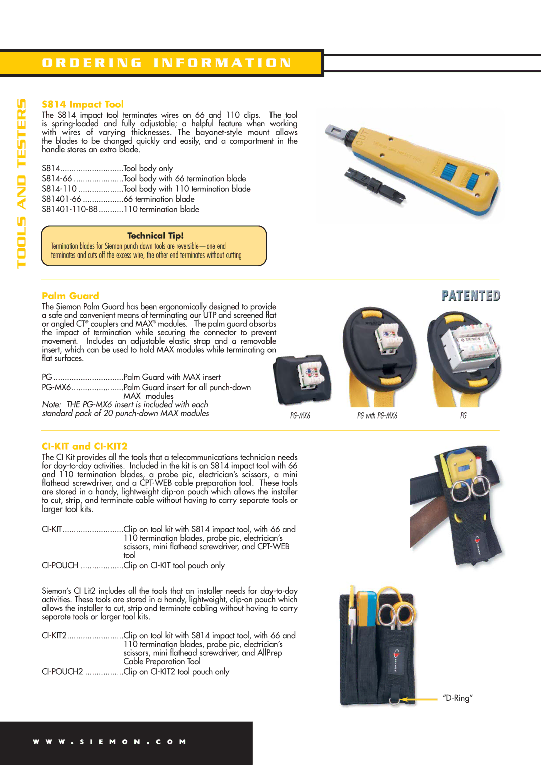 The Siemon Company S210, S110 manual Tools and Testers, S814 Impact Tool, Palm Guard, CI-KIT and CI-KIT2 