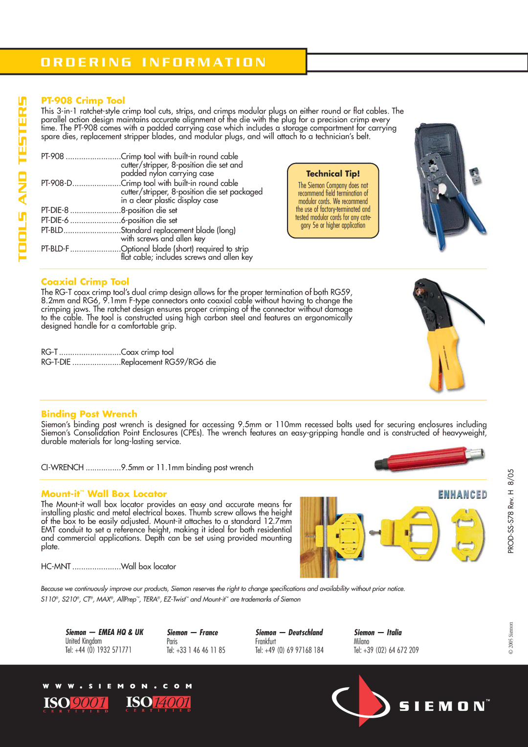 The Siemon Company S210, S110 manual Testers, Tools 