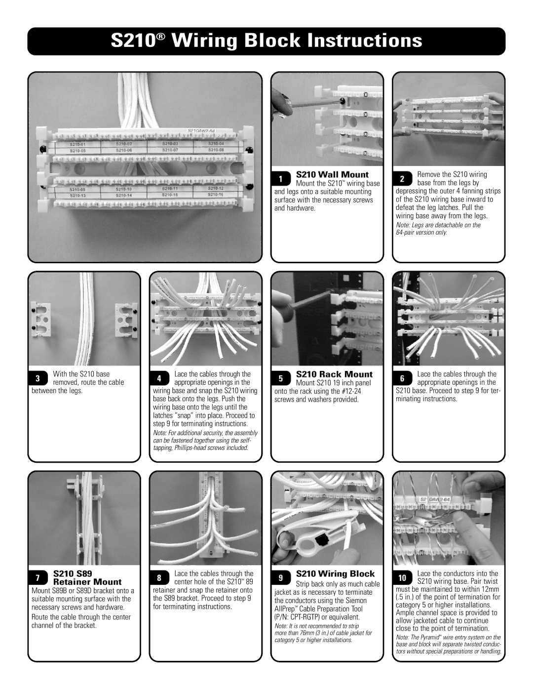 The Siemon Company manual S210 S89, Retainer Mount, S210 Wall Mount, S210 Rack Mount, S210 Wiring Block 