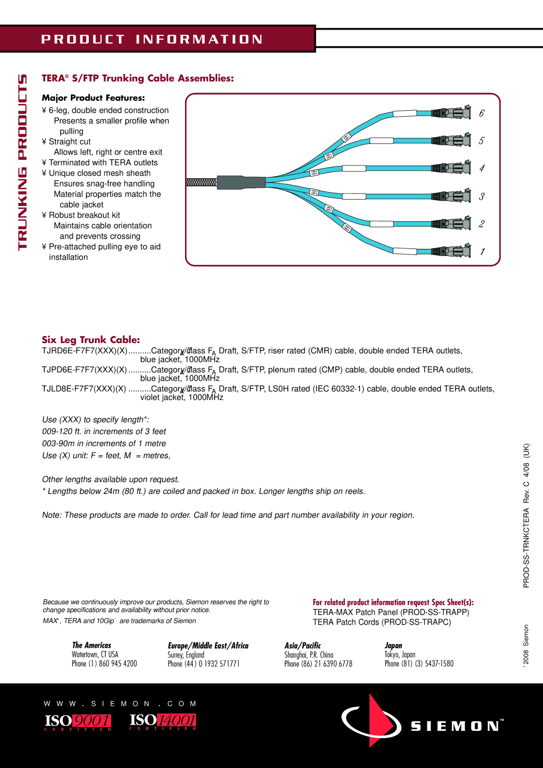 The Siemon Company manual Tera S/FTP Trunking Cable Assemblies, Six Leg Trunk Cable, Americas Europe/Middle East/Africa 