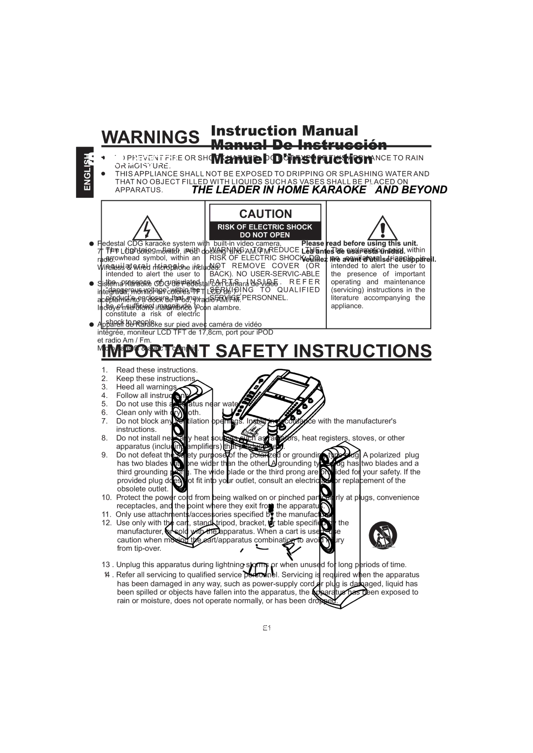 The Singing Machine iSM-1010 manual Important Safety Instructions 