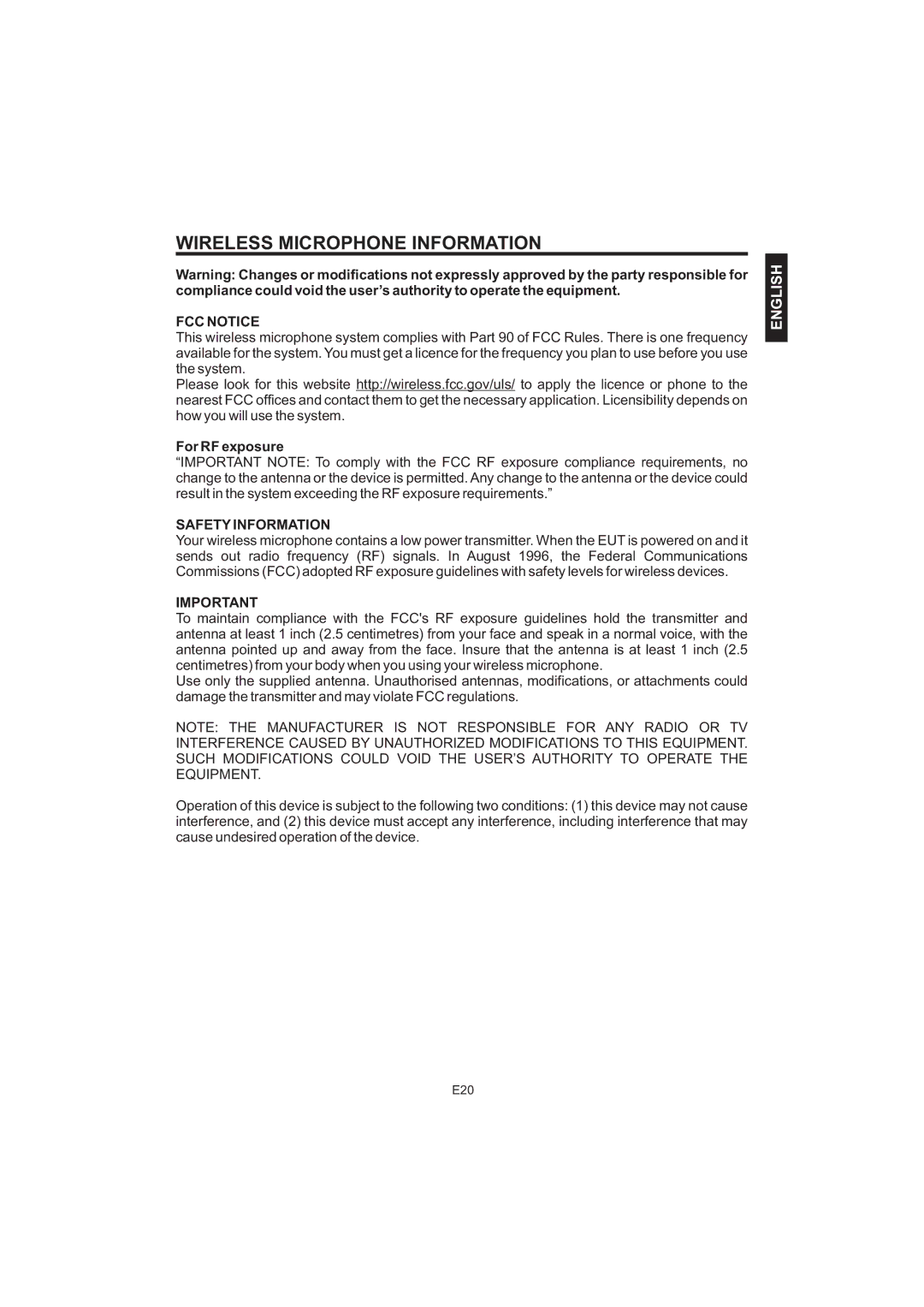 The Singing Machine iSM-1010 manual Wireless Microphone Information, FCC Notice, For RF exposure, Safety Information 