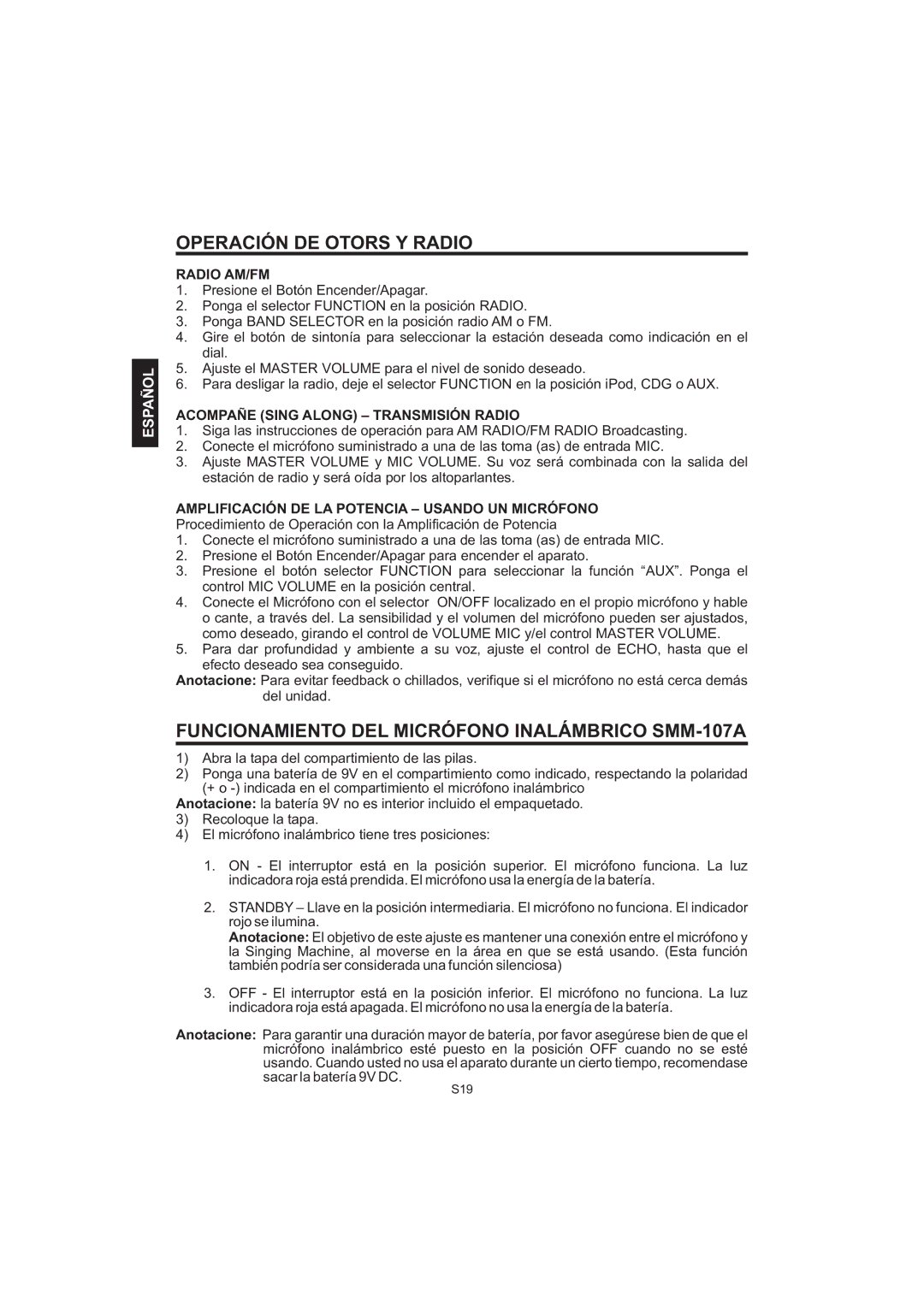 The Singing Machine iSM-1010 Operación DE Otors Y Radio, Funcionamiento DEL Micrófono Inalámbrico SMM-107A, Radio AM/FM 