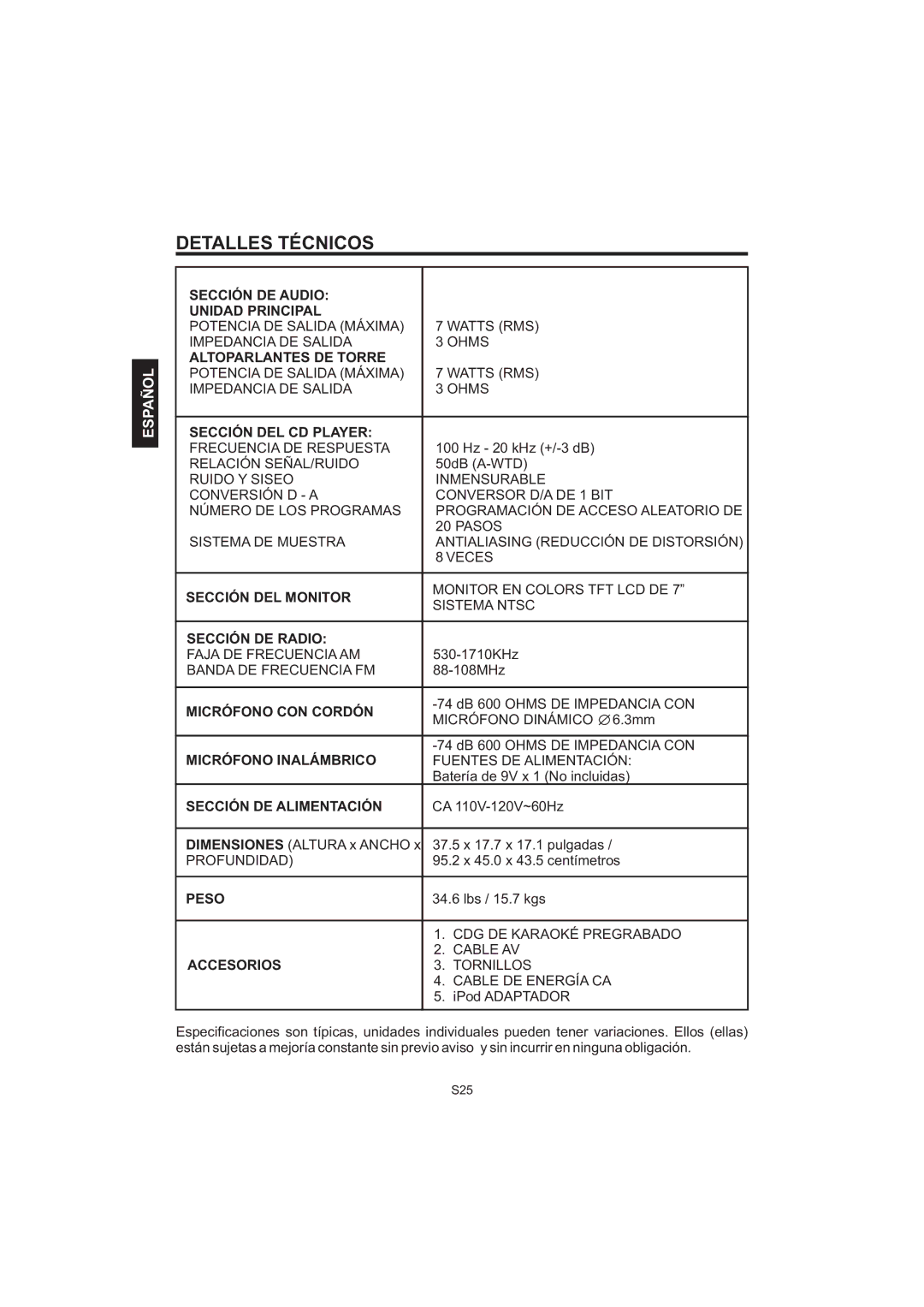 The Singing Machine iSM-1010 manual Detalles Técnicos 