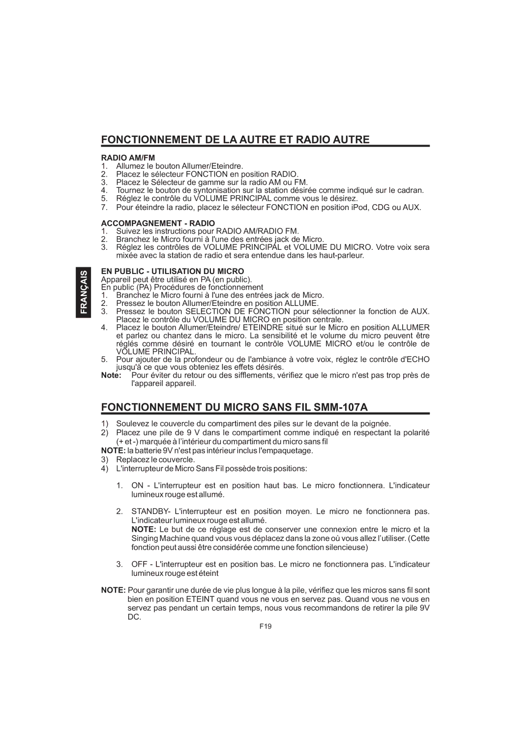 The Singing Machine iSM-1010 manual Fonctionnement DE LA Autre ET Radio Autre, Fonctionnement DU Micro Sans FIL SMM-107A 