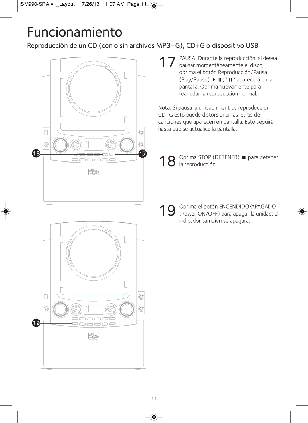 The Singing Machine iSM990BT instruction manual Oprima Stop Detener para detener la reproducción 