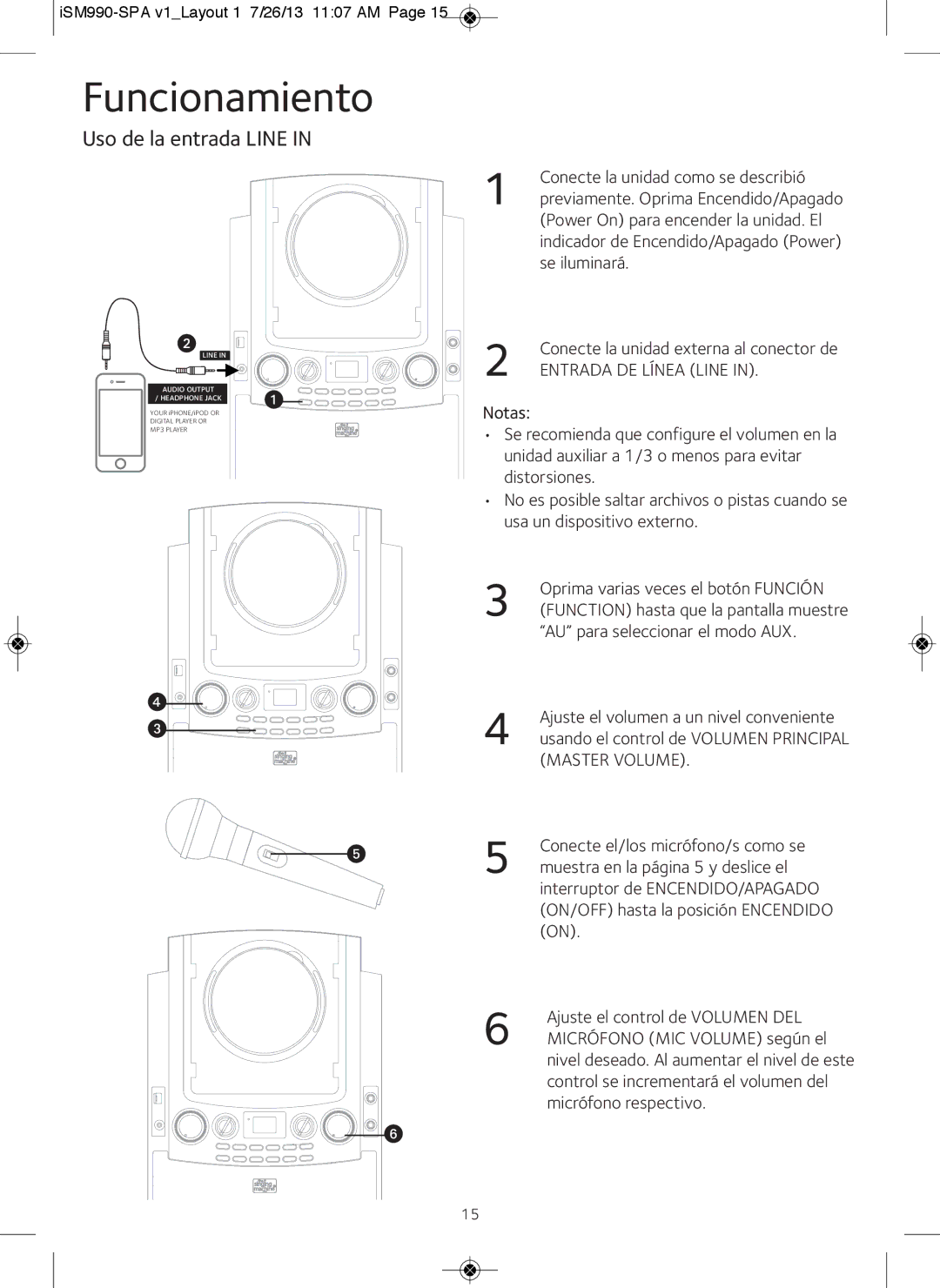 The Singing Machine iSM990BT instruction manual Uso de la entrada Line, Entrada DE Línea Line 