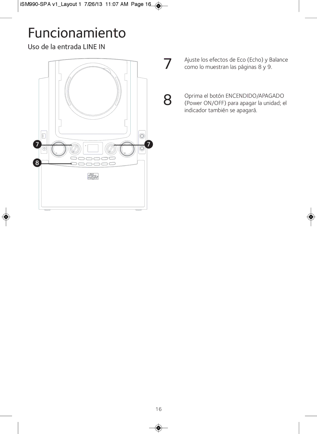 The Singing Machine iSM990BT instruction manual Funcionamiento 