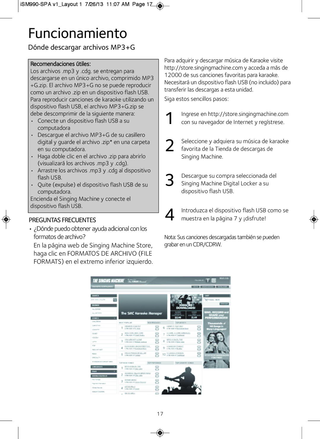 The Singing Machine iSM990BT instruction manual Dónde descargar archivos MP3+G 