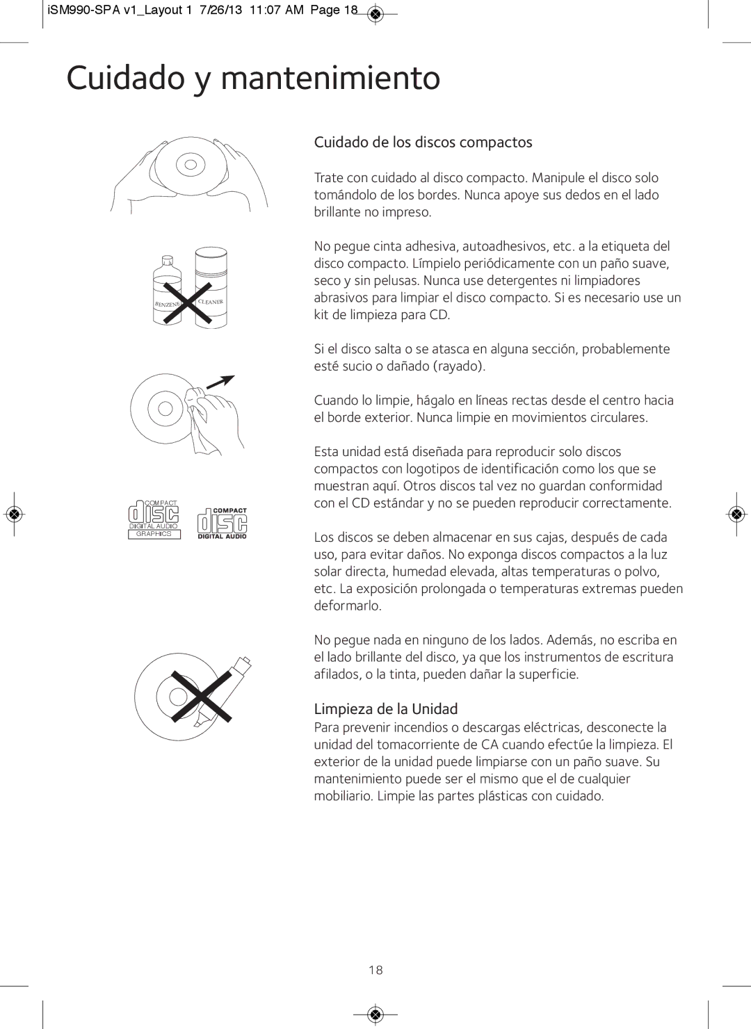 The Singing Machine iSM990BT instruction manual Cuidado y mantenimiento, Cuidado de los discos compactos 