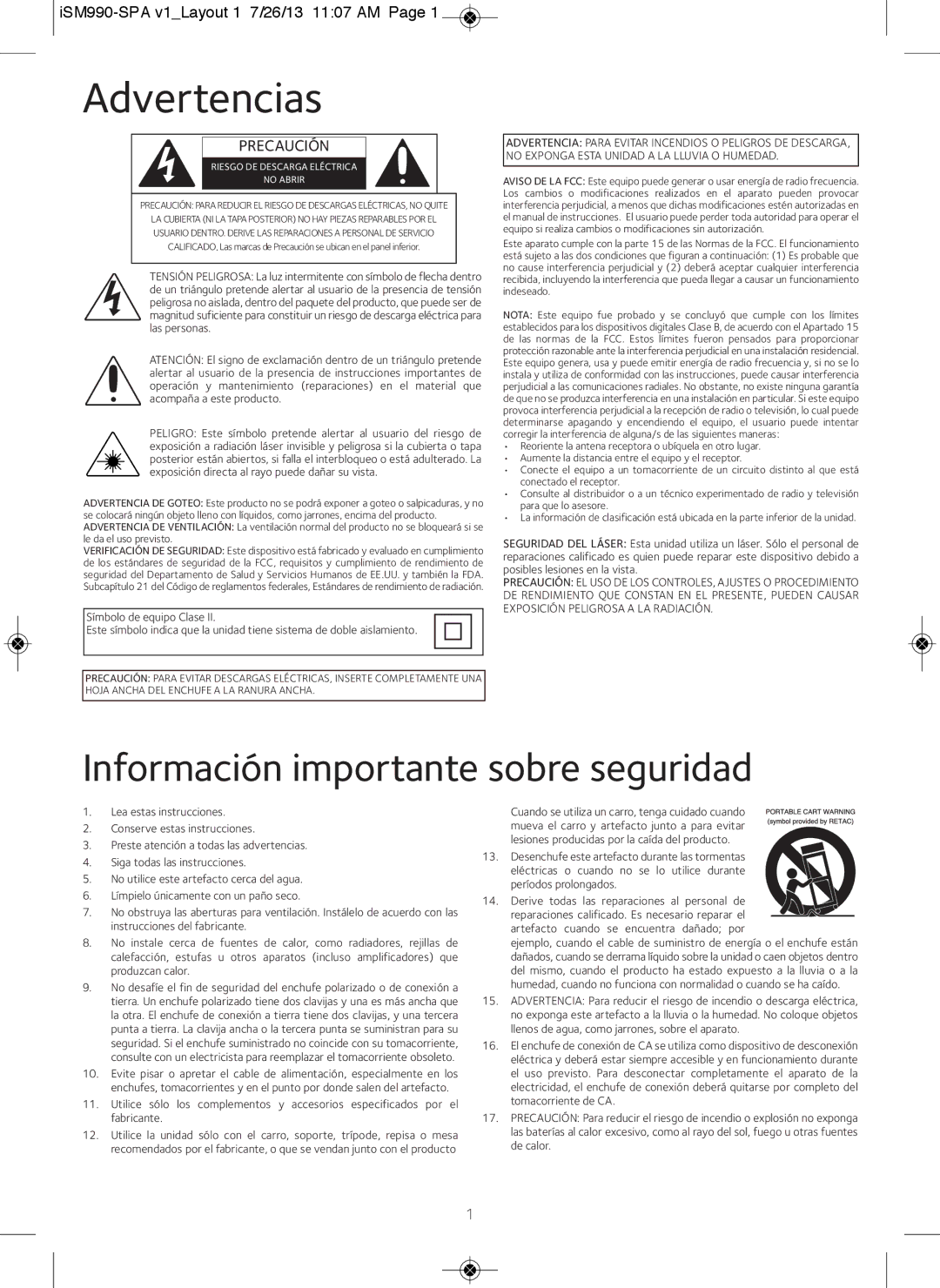 The Singing Machine iSM990BT instruction manual Advertencias, Precaución 