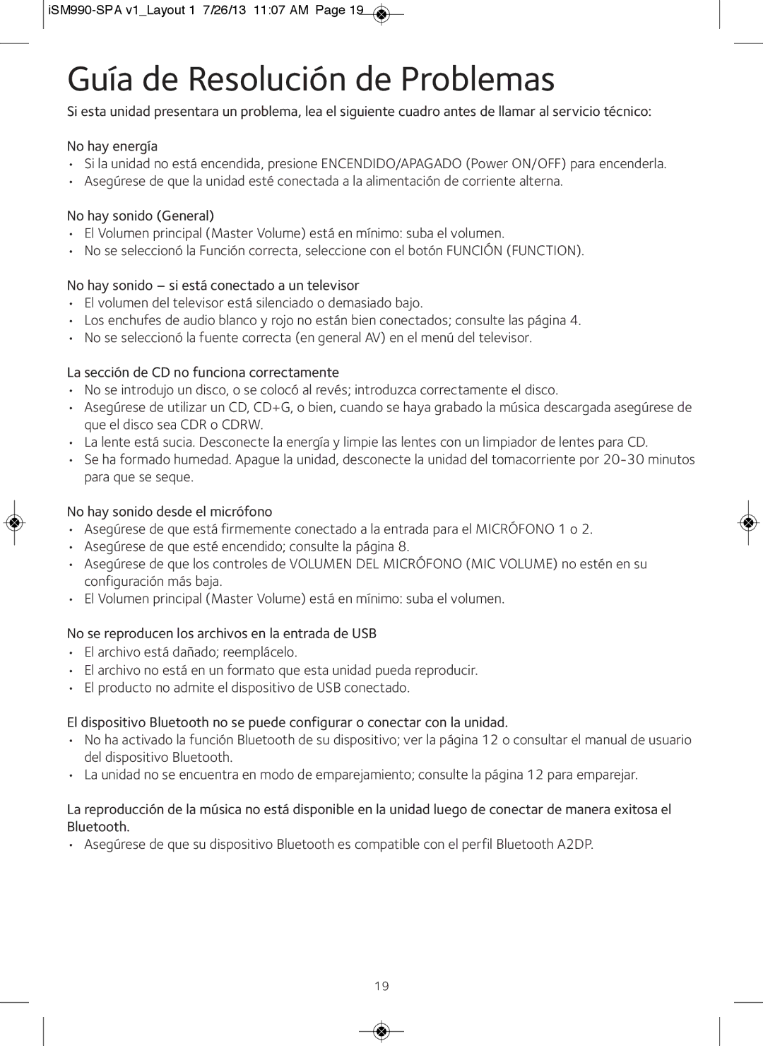 The Singing Machine iSM990BT instruction manual Guía de Resolución de Problemas 