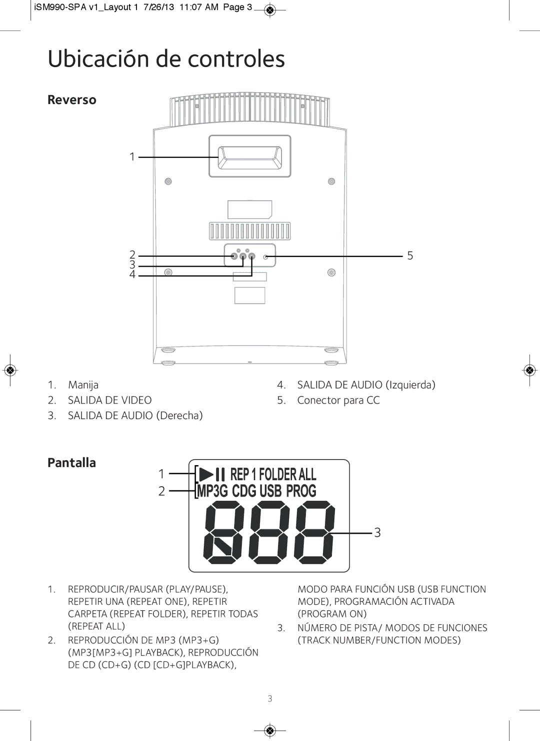 The Singing Machine iSM990BT Reproducir/Pausar Play/Pause, Repetir UNA Repeat ONE, Repetir MODE, Programación Activada 