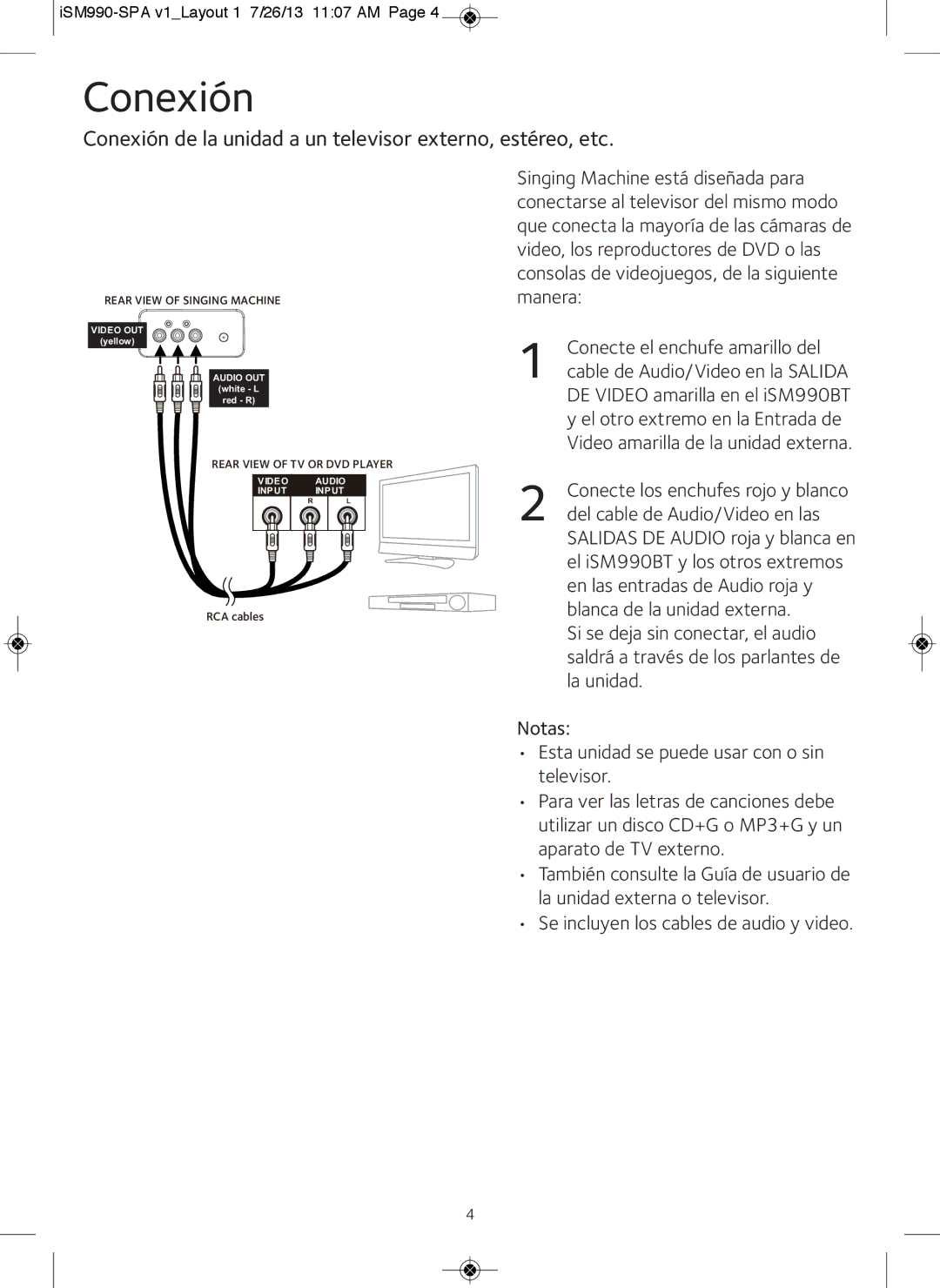 The Singing Machine iSM990BT instruction manual Conexión de la unidad a un televisor externo, estéreo, etc 