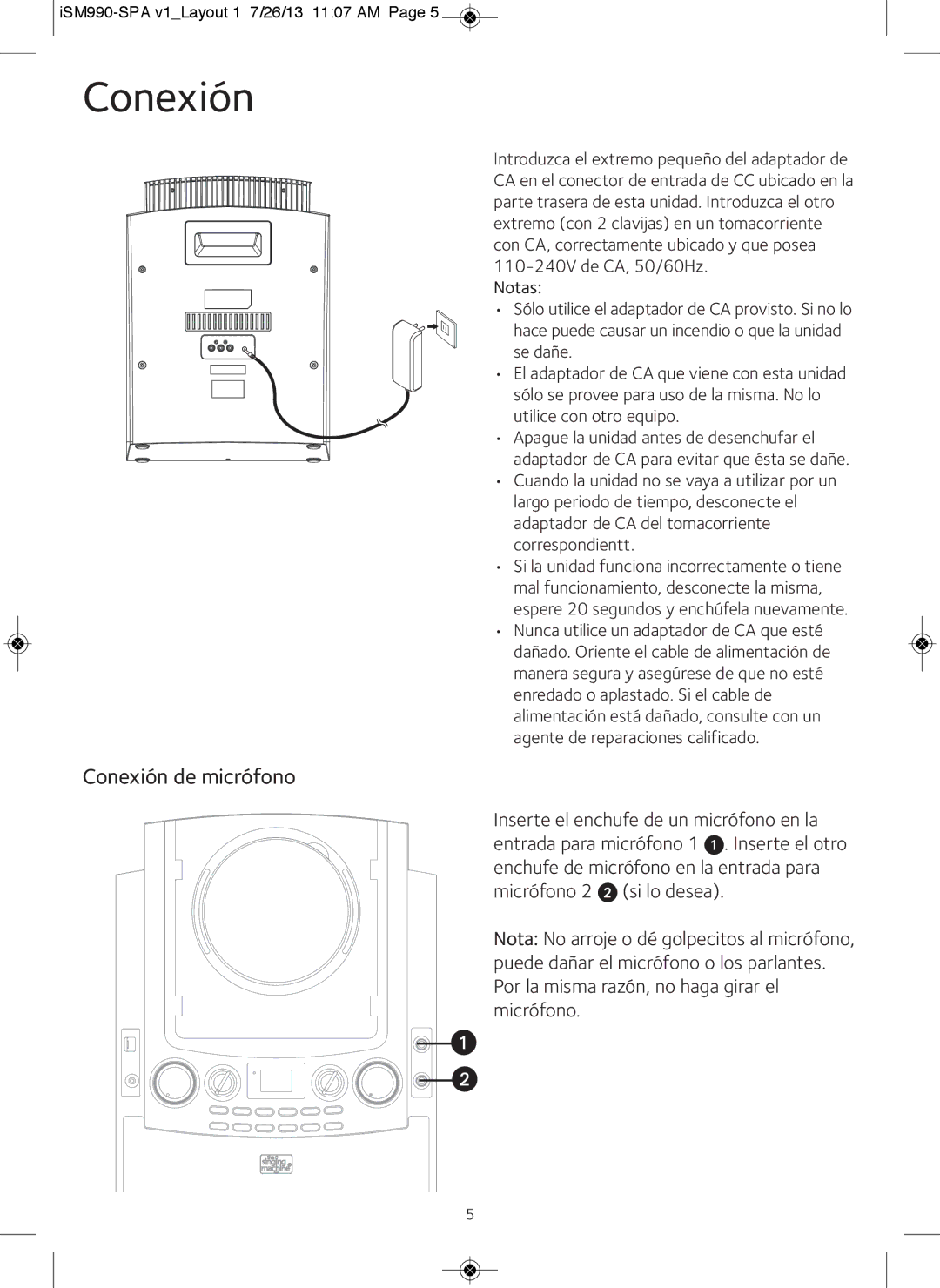 The Singing Machine iSM990BT instruction manual Conexión de micrófono 